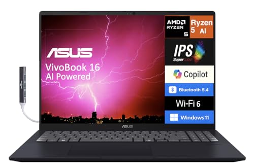ASUS Vivobook 16 AI Powered Laptop 16.0' IPS WUXGA Display (AMD Ryzen AI 5 330, 16GB DDR5, 1TB PCIe SSD, AMD Radeon, WiFi 6, Webcam, Bluetooth 5.4, Win 11 Pro) w/DKZ USB Port Expander