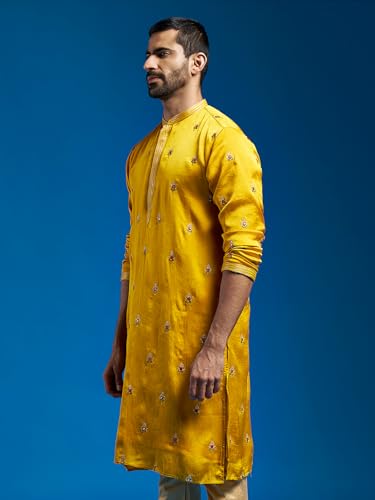 Image of VASTRAMAY VM Mens Silk Blend Kurta - Timeless Elegance for Festivals & Events | Banarasi Cotton with Silk Dobby Jacquard Mandarin Collar Full Sleeves Kurta with a Contrast Piping