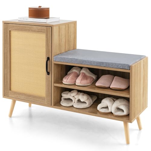 Giantex Shoe Cabinet with Shoe Bench - Rattan Shoe Storage Cabinet, Shoe Rack Organizer for 10-12 Pairs, Padding Seat Cushion, Boho Entryway Bench with Shelves for Hallway Mudroom Bedroom