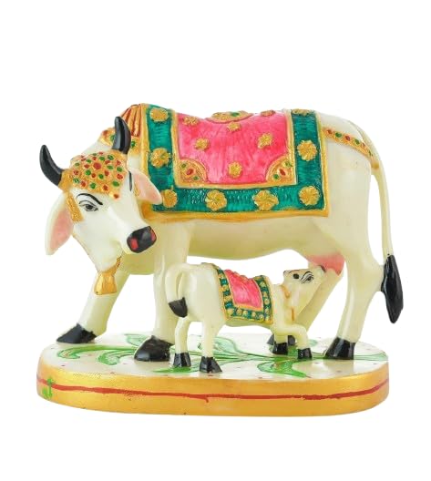 Image of Polyresin Cow and Calf Statue Showpiece Murti for Home Office Decorative Gau MATA Sculpture Idol (Size: 7x4 Inch, White), Wedding