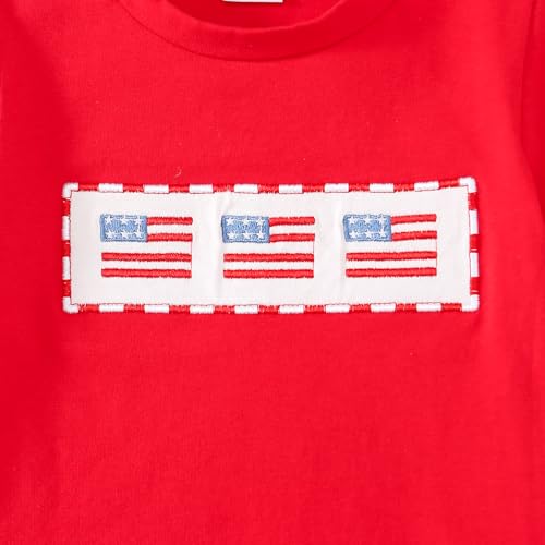 Image of Toddler Boy 4th of July Outfit Embroidered American Flag /Truck Shirt+Striped Shorts Independence Day 1-5T