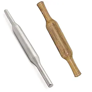 faas Stainless Steel Belan & Wooden Rolling Pin for Kitchen/Steel Belan for Roti/Steel Rolling Pin/Chapati Roti Roller Rolling Pin, 32 cm