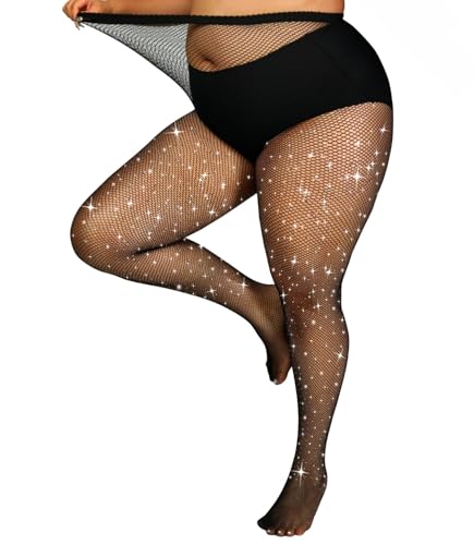 Plus Size Fishnet Tights Sparkly Mesh Stockings Woman's Glitter Pantyhose Shinny Hosiery High Waist Fine Mesh