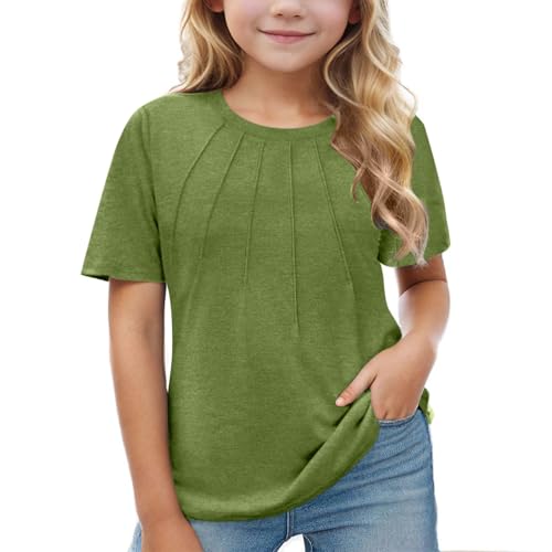 Girls Short Sleeve T Shirts Kids Summer Pleated Tops Casual Crewneck Tees Teens Soild Shirts Girls Summer Shirts