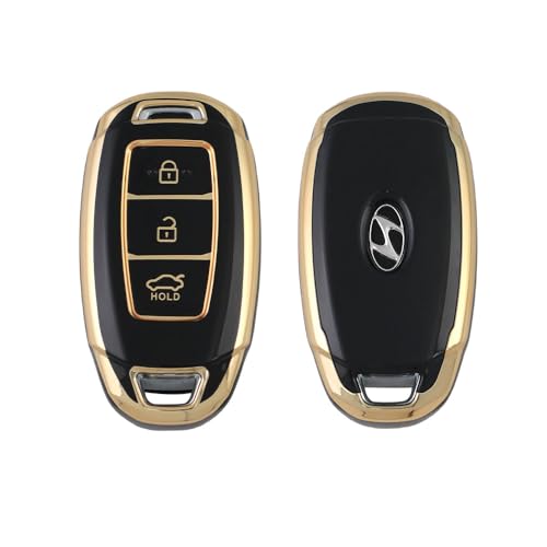 Image of TPU Car Key Cover Black & Golden Compatible for Hyundai Kona Electric, Verna (Hyundai, 3 Button Push Start Key)