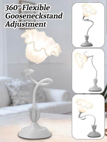 Image of Flower Table Lamp Bedside Lamps LED Reading Light,3 Color Modes Cute Small Lamp,Vintage Flower Lamp Kawaii Table Lamp for Bedroom Living Room Office Dorm Desk Home Decor (Pearl White lamp)