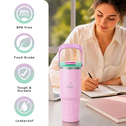 Image of FLAIR Vibe Vacuum Insulated Tumbler 750 ml Light Purple | 2-in-1 Lid (Straw & Sip) | 304 Stainless Steel | Leak-Proof Travel Mug with Handle | Hot & Cold | BPA-Free
