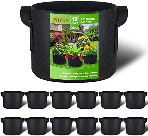 PHYEX 12-Pack 2 Gallon Nonwoven Grow Bags, Aeration Fabric Pots with Durable Handles, Come with 12 Pcs Plant Labels