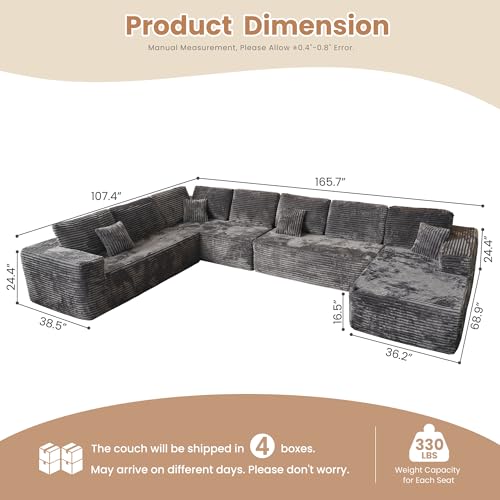 Image of HOOOWOOO Cloud Sectional Couches for Living Room,Modular Sectional Sofa No Assembly,165X110 Inch Plush Corduroy Large U Shaped Floor Couch Set with Deep Seat Chaise Lounge(Gray)