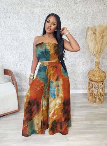 Image of Two Piece Sets for Women Summer Outfits Crop Tops and Wide Leg Pants Sets Sexy Jumpsuits Vacation Outfits with Pockets