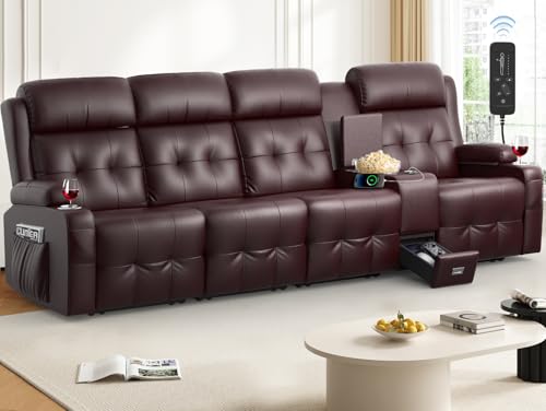 Image of Loveseat Recliner Sofa, Home Theater Seating with Massage, 4 Seat Reclining Loveseats with Console, Wall Hugger RV Couch Movie Theater Chairs, RV Furniture Sofas with USB, Cup Holders for Gaming Room