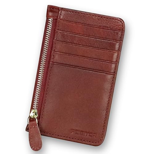 Genuine Leather Slim Wallet for Women and Men Credit Card Holder with RFlD Blocking Vintage Full Grain Leather Zip Purse Card Cases Money Clip (Red)