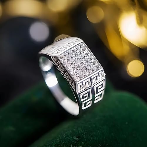 Sterling Silver Rings S925 Silver Men's Ring Men's Wedding Rings with 36 Sparkling Zircons – Square Shape & Ancient Greek Patterns Style3