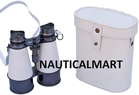 Captain's Nautical Oil-Rubbed Bronze/White Leather Binoculars with Leather Case 6"
