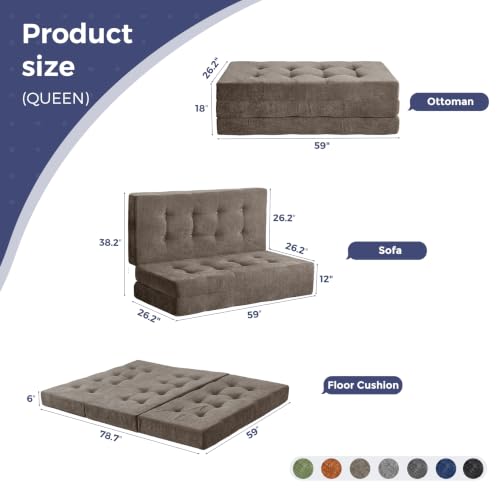 Image of MAXYOYO 6 inch Folding Sofa Bed for Floor, Tufted Tri-Fold Floor Mattress | Queen Size Portable Sofa Couch Guest Mat with Chenille Fabric for Adults, Foldable Topper for Camping, Brown, Queen