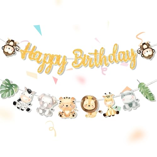 CutitiUU 2PCS Jungle Animal Birthday Party Decorations,Jungle Birth day Party Decoration Happy Birthday Banner,Jungle Safari Animal Banner,Festival Parties (Jungle Animals)
