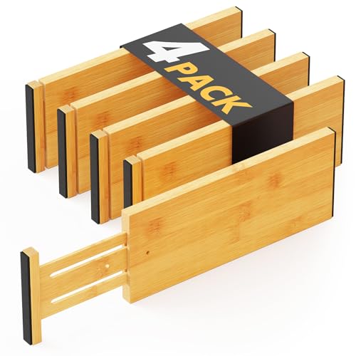 SpaceAid Bamboo 4 Pack Dresser Drawer Dividers, 4.65“ High Adjust...