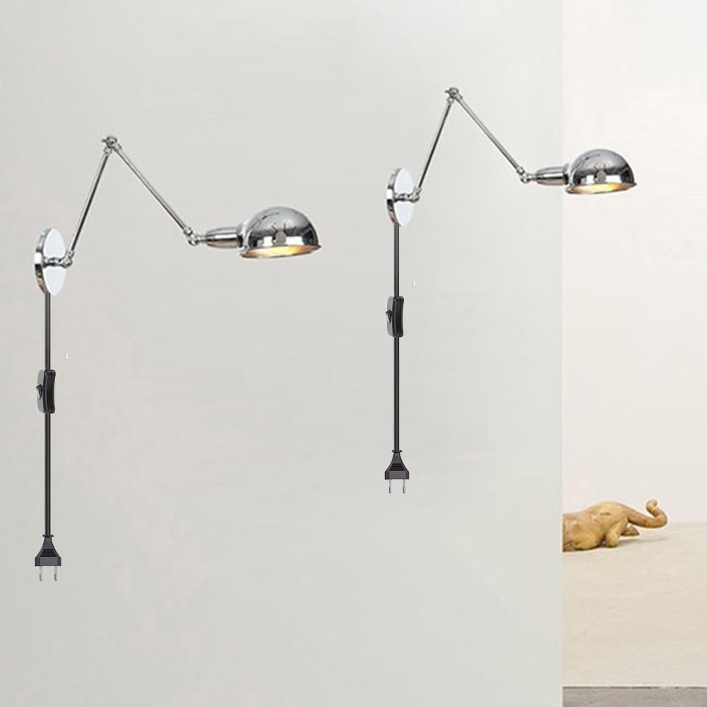 Retro Wandleuchte Verstellbare Schwenkarm Wandlampe mit Stecker Kabel Schalter Wandbeleuchtung Chrom Innen Nachttischlampe Ausziehbar Lange Arm Wand Leselampe Metall E27 Wohnzimmerleuchte
