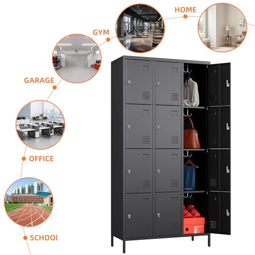 Image of SUXXAN 12 Door Metal Lockers for Employees, Heavy Duty Steel Storage Locker with Adjustable Padlock Hasp & Name Tag Slots, Professional Office Gym School Locker Cabinet, Black