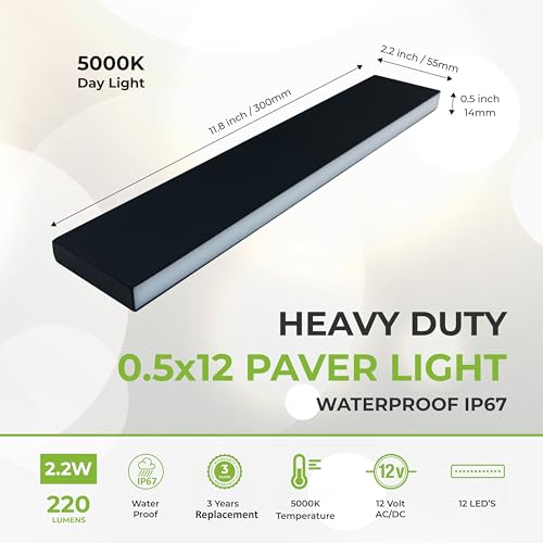 Image of LUMENGY Paver Light Slim 0.5x12 Inch (0.55 x 11.8) 5000K Daylight Glare-Free Steel Lighting for Pavers, Brick, Driveways, Walkways & Pathways, Waterproof, Drive-Over, Hardwired 12V AC /DC