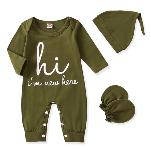 Image of GRNSHTS Newborn Baby Boy Romper Coming Home Outfits Letter Print Bodysuit Jumpsuit+Hat+Gloves 3PCS Clothes Set