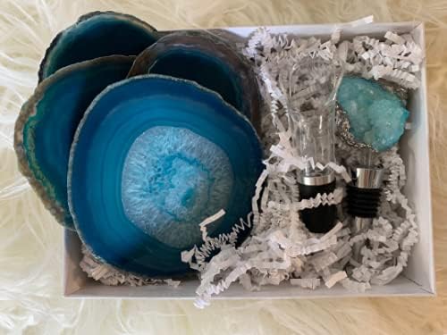 Agate Coasters + Crystal Wine Stopper & Aerator Gift Set (Blue)