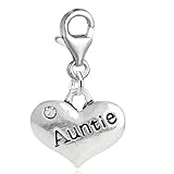 Heart Dangle 2 Sided w/Rhinestone Auntie, Mum, Gran, Grandmother, Granny, Best Friend Pendant w/Clear Crystal' Dangle Charm Pendant for European Clip on Charm Jewelry w/Lobster Clasp (Auntie)