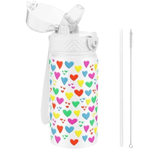 GOPPUS 420ml/14oz Kids Insulated Water Bottle with Straw Cute Double Wall Stainless Steel Child's Small Flask Vacuum Insulated Steel Metal Leak Proof Drink Flask Boys Toddler Girls Bottles BPA-Free