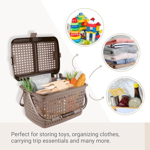 Image of FLAIR Dual Compartment Storage Basket Set of 2 - Sturdy Plastic Organizer with Handles & Lid | Plastic Multipurpose Trendy Shopping Big Basket | Ideal for Kitchen, Bathroom, Laundry & Toys (Beige)