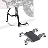 Plataforma para estacionar motos y scooters con caballete central. Capacidad max. 320 kg. Superficie de apoyo 45 x 23 cm, 4 x ruedas dobles 50 mm con freno. Estera antirresbaladiza para mayor estabilidad