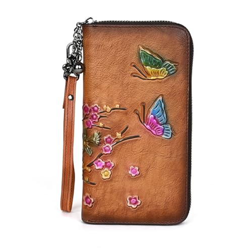 Embossing Purses for Women, Genuine Leather Long Wallet Vintage Floral Zipper Clutch Large Capacity (Brown)2