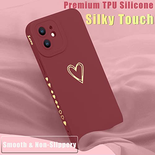 Teageo Compatible With Iphone 12 Case 6.1 Inch For Women Girls, Cute Luxury Love Heart [Soft Anti-Scratch Full Camera Lens Protection] Silicone Girly Shockproof Phone Case For Iphone 12-Burgundy #TOP4