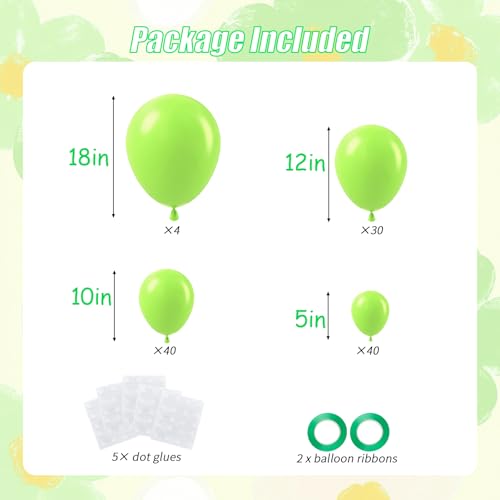 Image of 114pcs Lime Green Balloons, 18 /12 /10 /5inch Light Green Latex Party Balloons for Dinosaur Baby Shower Jungle Birthday Wedding Christmas Football Golf Party Decorations
