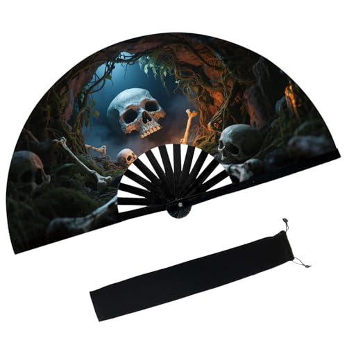 dmjuncong Skull Large Folding Hand Rave Fan,Clack Handheld with Fan