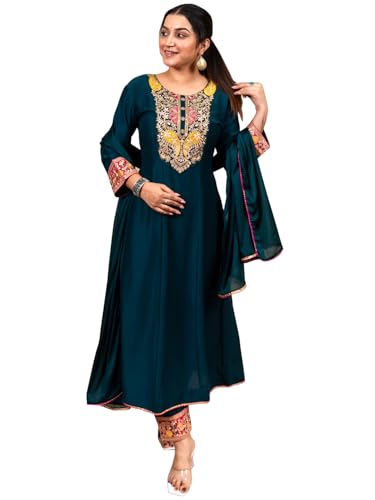 Image of VredeVogel Women's Silk Blend Embroidered Anarkali Kurta with Pant & Dupatta Set | Festive & Casual Women Ethnic Kurta Set for Women