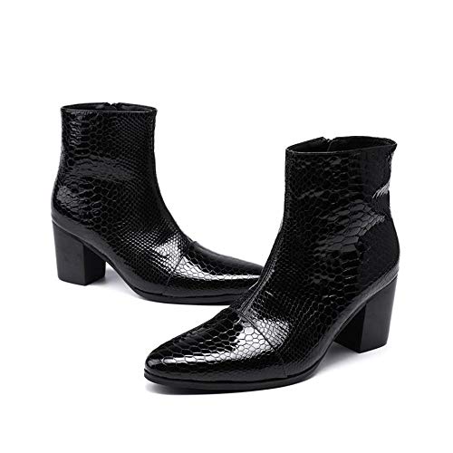 Image of Rui Landed Ankle Boots For Men Pointed Captoe Patent Snakeskin Embossed Inner Zipper Heeled Elevator Patent Genuine Leather Shoes(9)