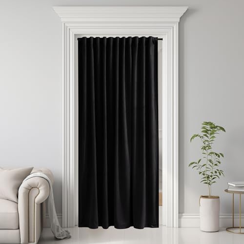 Image of Black Velvet Curtain for Sliding Door Covering Back Tab Blackout Thermal Insulated Doorway Curtain Luxury Home Decoration for Living Dining Room Bedroom Closet, W62 x L80, 1 Panel