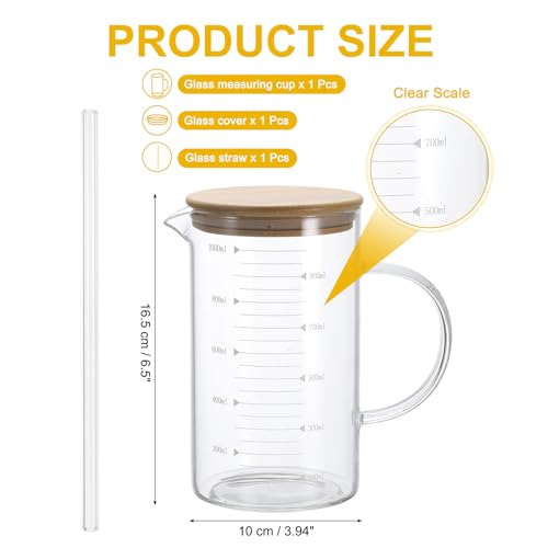 PATIKIL 1000ml Glass Measuring Cup, Borosilicate Glass Beaker Graduated Liquid Measure Cups with Wood Lid Straw V-Shaped Spout for Kitchen Drinking Restaurant, White Printed Scale by PATIKIL - Image 2