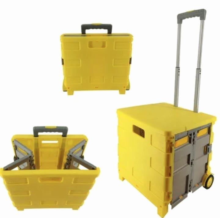 Folding Shopping Trolley Cart with Wheels, Collapsible Grocery Storage Boot Cart Box, Utility Transit Hand Cart for Daily Use, Capacity 30 (YELLOW/BROWN)