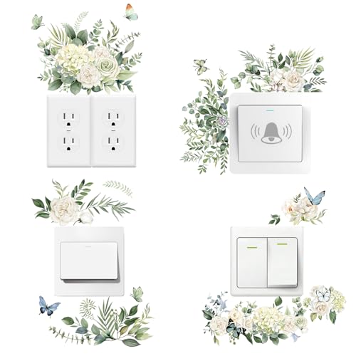 FUFUQUARE Pegatinas de Pared Flores Blanco Acuarela para interruptor y Enchufes Adhesivos Pared Decorativo Mariposas Rosas y Hortensias Vinilos para Salón Dormitorio Cocina