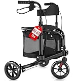 WALK MATE 3 Wheel Rollator Walker with Seat for Slim Seniors, Padded Backrest Lightweight Foldable Travel Walker Ideal for Elderly, 8 Inch Tri-Wheel Modern Mobility Walking Aid Aluminum, Black