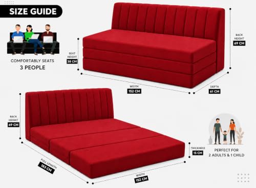 Image of Three Seater Sofa Bed, Velvet Fabric Foldable Sofa Cum Bed with Soft Foam Cushioning, Convertible Floor Couch for Living Room, Guest Room & Home Use (Red, Pre-Assembled)