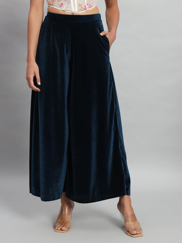 Image of Vaararo Party Trousers for Women | Shiny Velvet Fabric Wide Bottoms Stylish Palazzo Pants