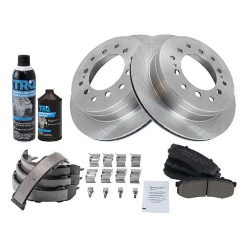 Image of TRQ Rear Brake Pad & Rotor Kit, with Chemical Kit Parking Brake Shoe Set Ceramic Compatible with 2003-2009 Lexus GX470 Toyota 4Runner 2007-2009 FJ Cruiser 2001-2007 Sequoia