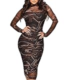 Sexy Long Sleeve Midi Dress for Women Sheer Mesh Printed Two Piece Skirt Set Crew Neck See Through Bodycon Party Clubwear