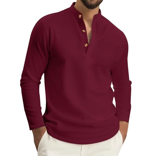 Camisa casual lisa para hombre 2026, tops para hombre, otoño, color liso, cuello alto, solapa larga, botones, camisa de manga larga para interiores y exteriores, Vino, XL