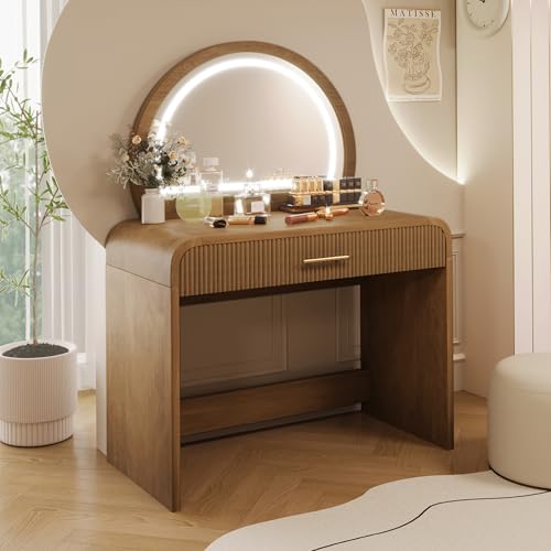 Image of JIVOIT 39 inch Vanity Table with Mirror, Makeup Vanity Table with Removable Mirror, Dressing Table with Drawer, Curved Edges and Elegant Design, Modern Dressing Table Desk for Bedroom