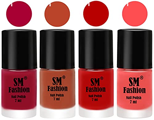 Image of Nail Polish Combo Set (Pack of 4) Quick Dry Gel Finish Nail Paint | Dark Magenta,Light Coral,Red,Peach Pink | 7 ml Each