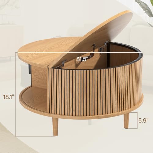 Image of Round Coffee Table with Storage, Mid Century Modern Coffee Table, Fluted Dining Table with Sliding Door, Circle Coffee Table for Living Room Home Office, 31.5 inch, Oak