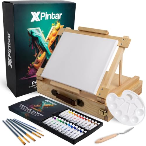 Kit Pintura Acrílica 34 Piezas Caballete Maletín Madera Portátil 24 Tubos 12 ml Colores Vivos Lienzo 24x30 cm 6 Pinceles Espátula Paleta Set Completo Adultos Niños Principiantes Arte Regalo Creativo